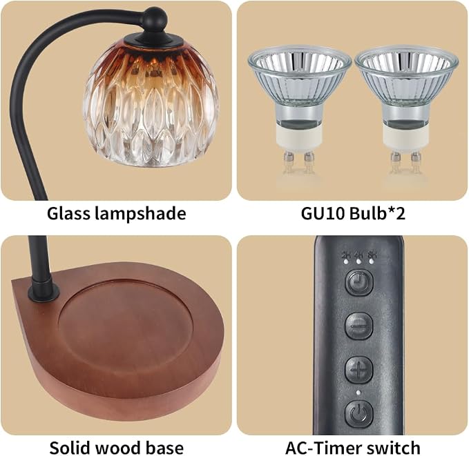 Electric Candle Warmer Lamp with Timer＆Dimmable for Jar Scented Candles, Wax Melting Tabletop Light Suitable as a Home Decor Thanksgiving Christmas Day Gift for Women Mom, with 2 Bulbs(Glass Brown)