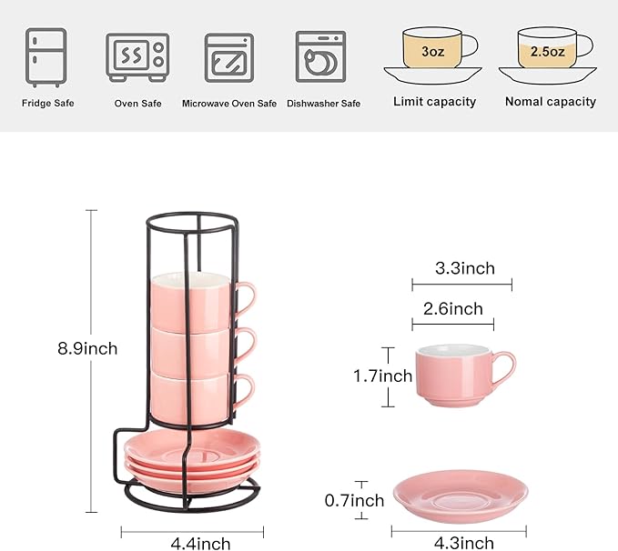 YOLIFE 2.5oz Espresso Cups Set of 4, Porcelain Stackable Espresso Cups, Expresso Shots Cup Set with Saucers and Metal Stand-Pink