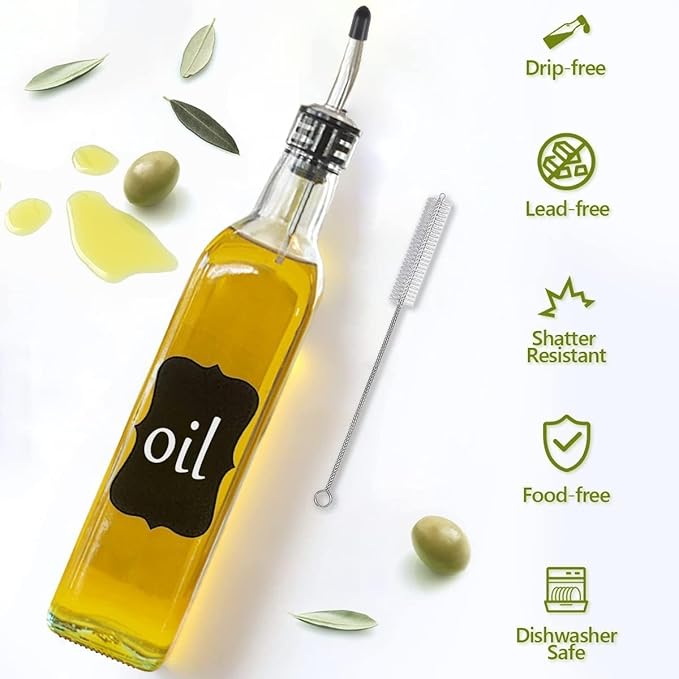 Showvigor Olive Oil Dispenser Bottle, Vinegar Cruet Bottle 17oz/500 ml, Square Tall Glass Oil Container with 2 Stainless Steel Pourers, 4 Labels,1 Brush and 1 Funnel Oil Bottles for Kitchen(2 Set)