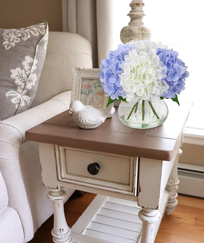 Hollyone Hydrangea Artificial Flowers with Vase White & Blue Silk Fake Flowers Arrangements in Glass Vase with Faux Water Faux Floral Bulk Bouquet Bathroom Table Centerpiece Shelf Home Decor