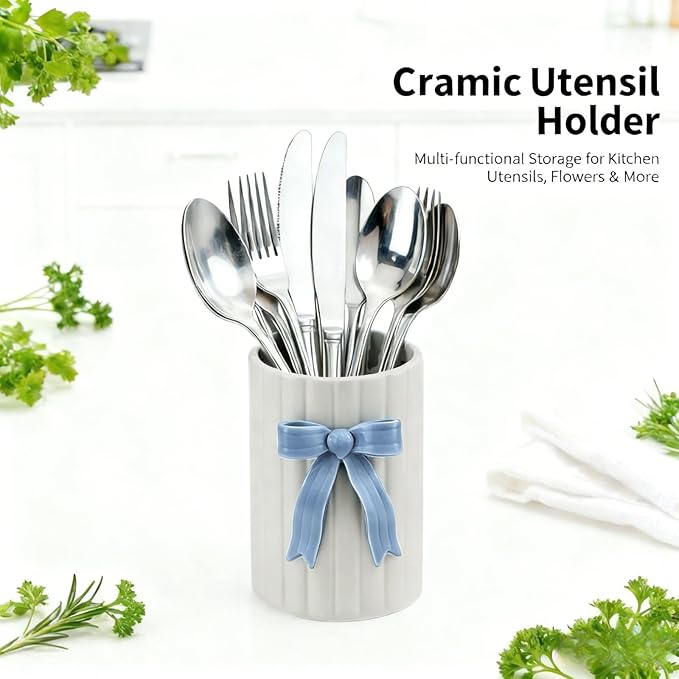 Handmade Blue Bow Ceramic Utensil Holder, 3D Coquette Cooking Utensil Crock for Kitchen Counter, Preppy Storage Caddy Organizer Vase Decor for Kitchen Countertop