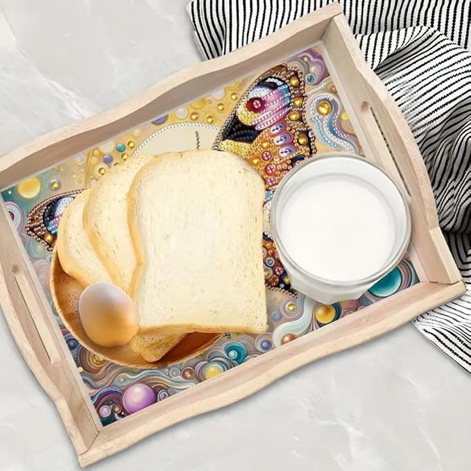 DIY Diamond Serving Tray Rectangular Breakfast Tray with Handle Handmade Diamond Art Painting Wooden Tray for Dinner Plate Coffee Room Living Home Organizer-Butterfly