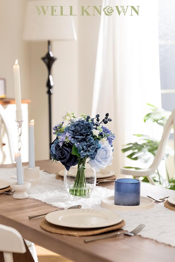 WELL KNOWN Fake Flowers in Vase with Fake Water, Artificial Flowers Indoor Arrangements, Faux Silk Blue Berry Rose Hydrangea Dining Table Centerpiece for Home Wedding Party Decor & Gift (Navy Blue)