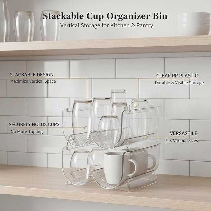Stackable Cup Organizer Bin, Clear PP Plastic Vertical Storage Container for Kitchen Cabinet and Pantry (1 PC)