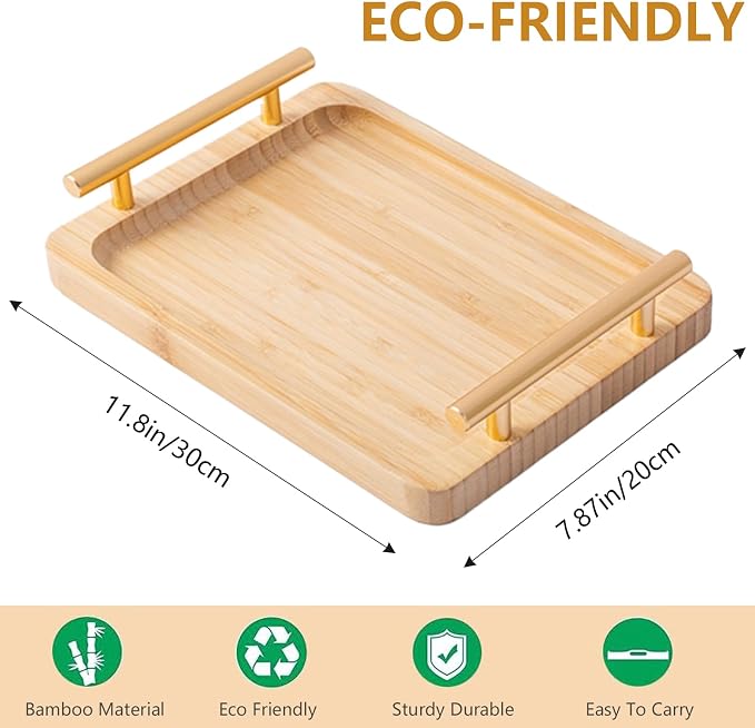 12"x8" Bamboo Breakfast Serving Tray with Gold Handles, Decorative Food Tray for Tea, Coffee, Snacks, Parties & Table Use