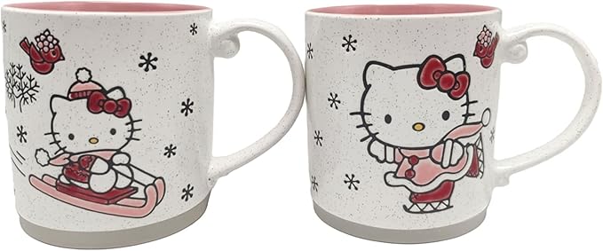 Blue Sky Clayworks Hello Kitty Holiday Winter Sports Mug Set of 2, Ceramic, 21 oz Each, Snowy Sled & Skate