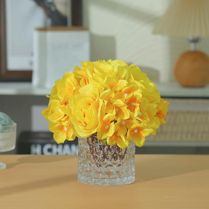 Rose Silk Flower Arrangement Artificial Vivid Rose in Glass Vase with LED Light Elegant Centerpiece for Home Wedding Bathroom Table Shelf Decoration (Yellow)