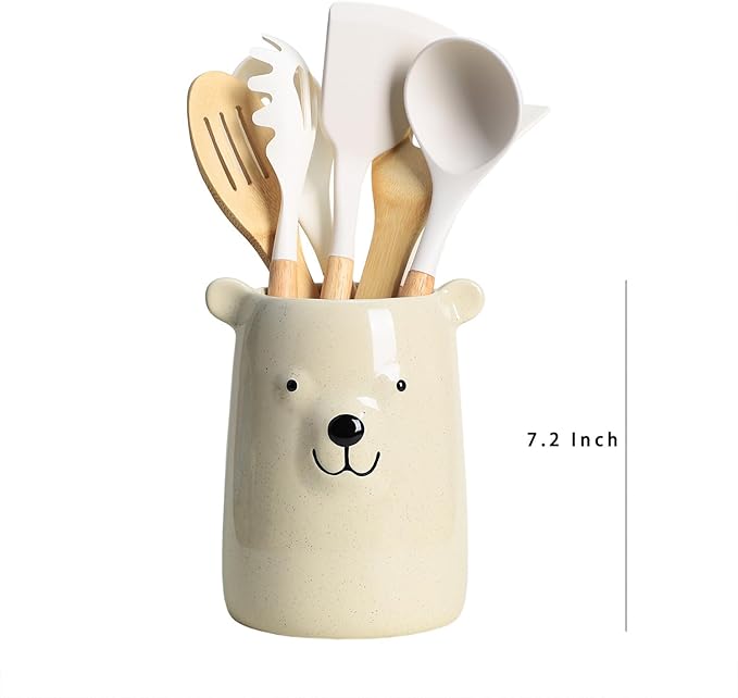 Ceramic Cartoon Animal Pattern Kitchen Utensil Holder, Large Cooking Utensil Crocks for Kitchen Countertop, Cartoon Style Utensil Organizer for Spatula, Kitchen, Home Decoration-Bear
