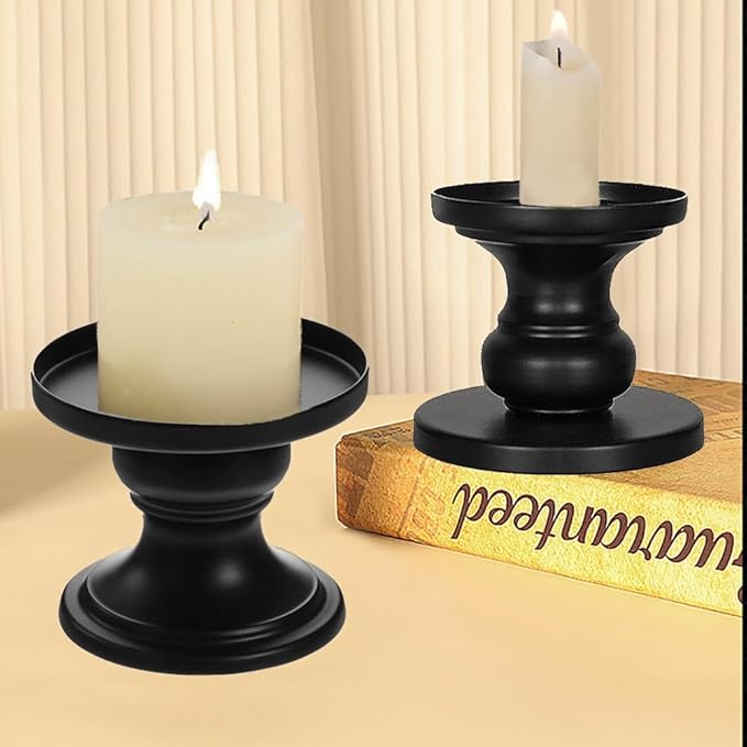 Matte Black Iron Pillar Candle Holders - Set of 2 Candlestick Holders, Metal Candle Holder for Pillar & Taper, Table Mantle Fireplace Farmhouse Home Decor