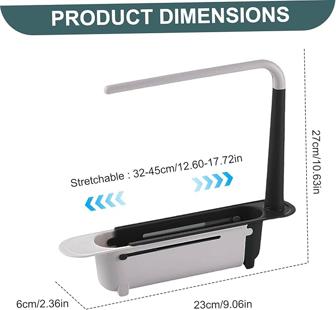 Dish Rack Over Sink, Telescopic Over-Sink Dish Drying Rack with Tray & Sponge Holder, Adjustable Drain Basket Organizer with Dishcloth Hanger for Home, Black