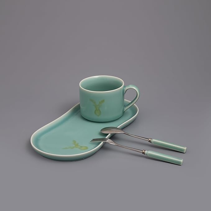Longquan UNESCO Heritage Celadon Coffee Set Double-glazed collector's edition with oval-shaped plates and tableware - handcrafted sky blue glaze ceramic gift box (1, Sky blue glaze)