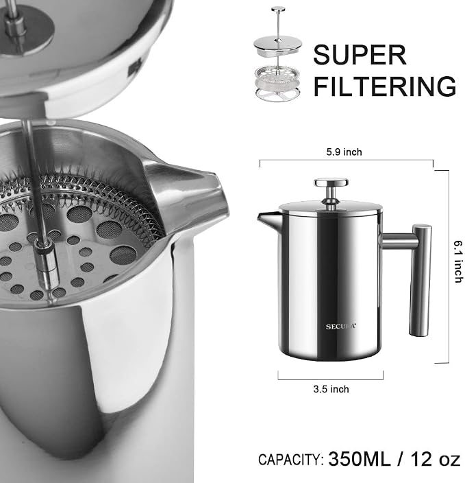 Secura French Press Coffee Maker, 304 Grade Stainless Steel Insulated Coffee Press with 2 Extra Screens, 12oz (0.35 Litre), Silver (Pack of 4)