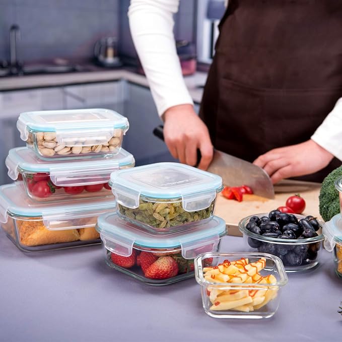 AILTEC Glass Food Storage Containers with Lids, [18 Piece] Glass Meal Prep Containers Set, Airtight Leak Proof, Oven Freezer Dishwasher Safe, BPA Free (9 Lid & 9 Container)