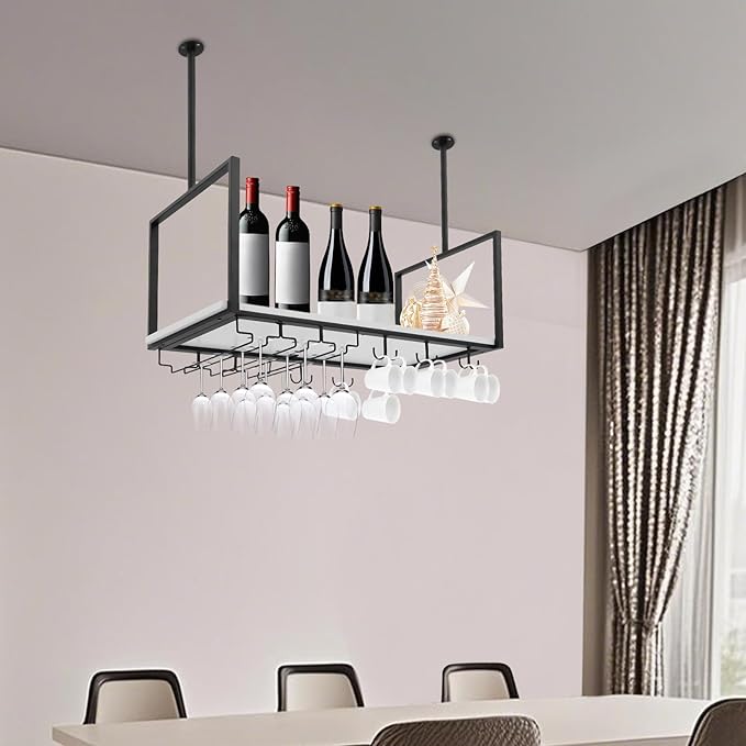 Hanging Wine Rack with Glass Holder and Shelf Metal Ceiling Bar Wine Glass Rack Industrial Wall Mounted Floating Shelve Perfect for Bar Cafe Kitchen Restaurant