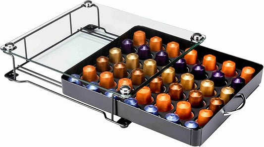 ZCDCP Coffee Pod Holder, Crystal Tempered Glass Nepresso Original Pod Drawer, Black Nespresso Originaline Pod Storage Organizer, 42 Pods