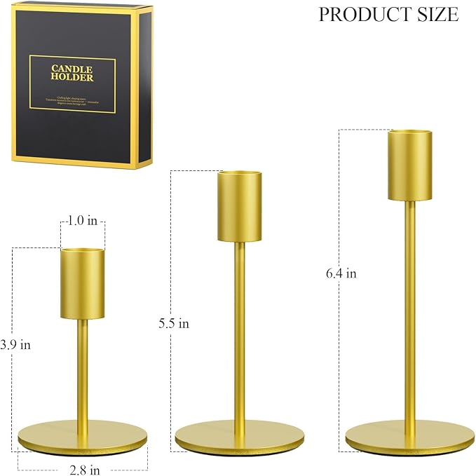 FSyueyun 3 Pcs Gold Candle Holders, Elegant Taper Candle Holders, Metal Candlestick Holders for Festive Table Decor, Mantel Centerpiece, Modern Candle Stand for Wedding, Housewarming Gift