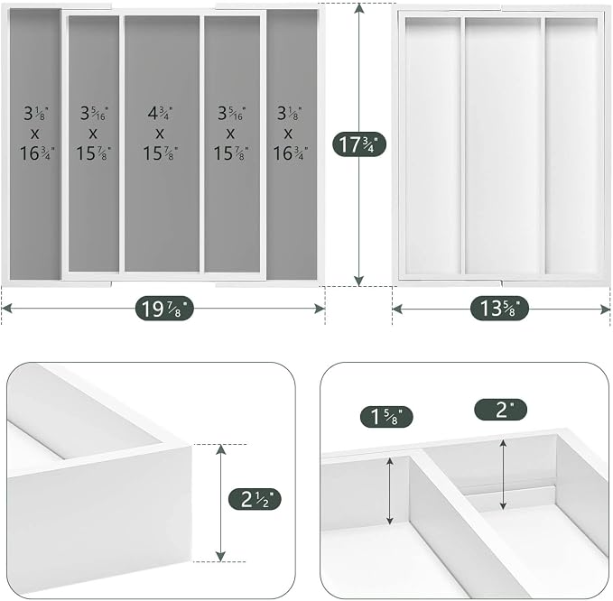 Utensil Organizer for Kitchen Drawers - Bamboo Silverware Tray Expandable 5 Slots Drawer Organizer for Office and Pantry Supplies W13.7-19.9" x L17.6 X H2.5 (White)