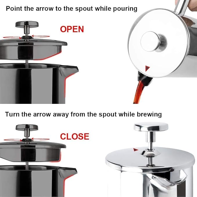 Secura French Press Coffee Maker, 304 Grade Stainless Steel Insulated Coffee Press with 2 Extra Screens, 34oz (1 Litre), Silver (Pack of 3)