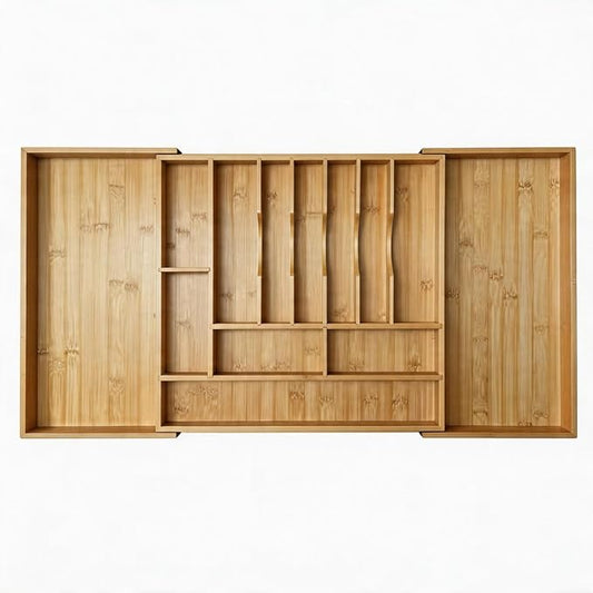 Expandable Bamboo Silverware Drawer Organizer – Adjustable 33" Wide Wooden Utensil Tray with 11-Compartments, Large Kitchen Flatware & Spoon Holder, Natural Solid Wood for Drawers