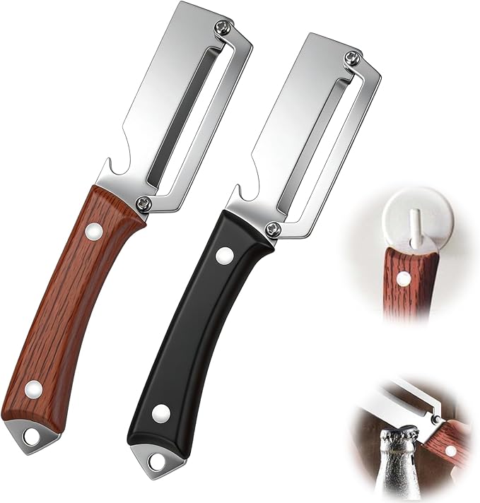 2PCS Multifunctional Vegetable Peeler, 2 in 1 Multi Functional Vegetable Peeler with Bottle Opener and Wooden Handle,Stainless Steel Blade Kitchen Tool for Potato Pumpkin Carrot Veggie Peeler