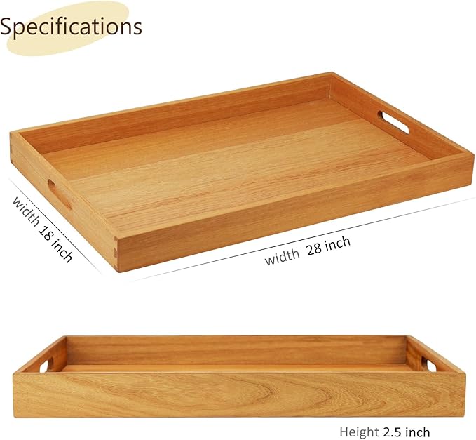 28 x 18 Inches Extra Large Rectangle Teak Wood Ottoman Tray with Handles, Serve Tea, Coffee Classic Wooden Decorative Serving Tray