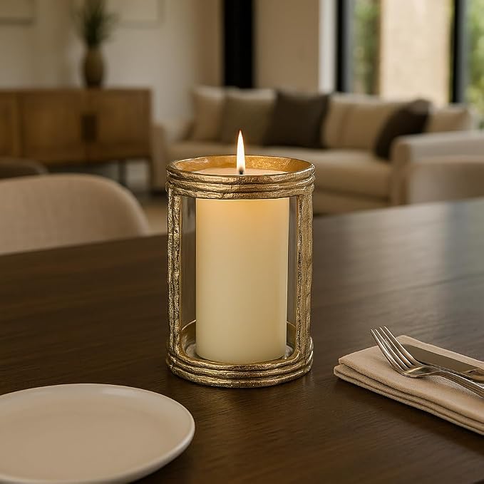 Modern Glass Candle Holder Hurricane for Home Decor - Elegant Pillar Candle Holder for Table Centerpieces Accent - Decorative Candle Stick Holder for Mantel or Entryway Table - 8", Gold & Clear