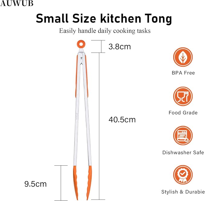 Salad Tongs, 16 Inch Silicone Food Tongs with 304 Stainless Steel Core & Non-Slip Grip in Orange Color