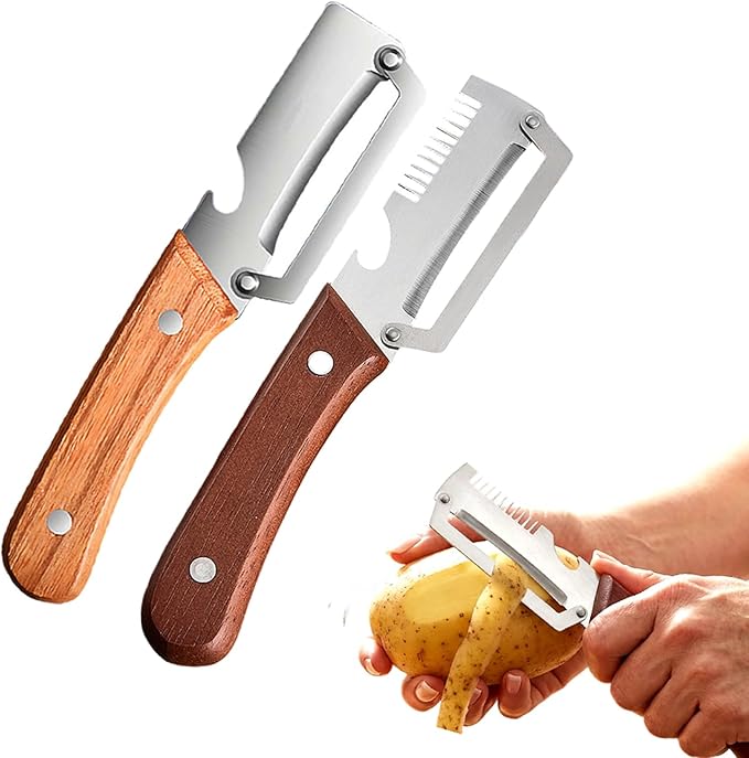 Multi-Functional Vegetable Peeler for Kitchen, Ultra-Sharp Stainless Steel Blade with Wooden Handle and Bottle Opener, For Vegetables or Fruits that Need to Be Peeled (Set-2)