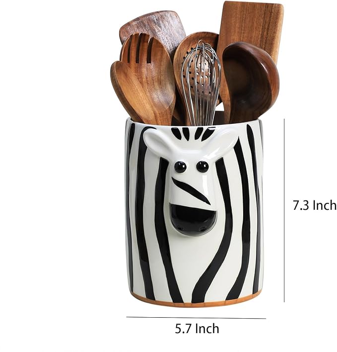 SOCOSY Zebra Shaped Ceramic Kitchen Utensil Holder For Countertop Large Cooking Utensil Crock Holder Spatula Holder, Kitchen Countertop Decoration-Black B