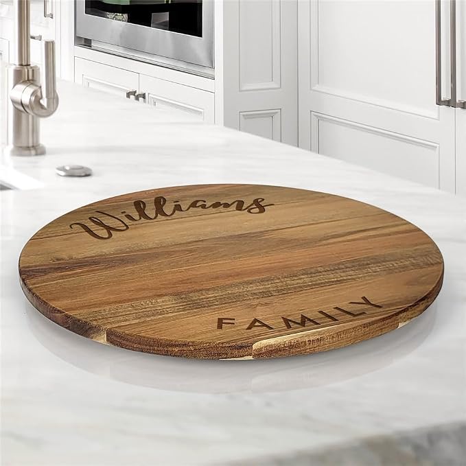 Engraved Family Name Script Personalized Lazy Susan, 16" Rotating Tray Brown