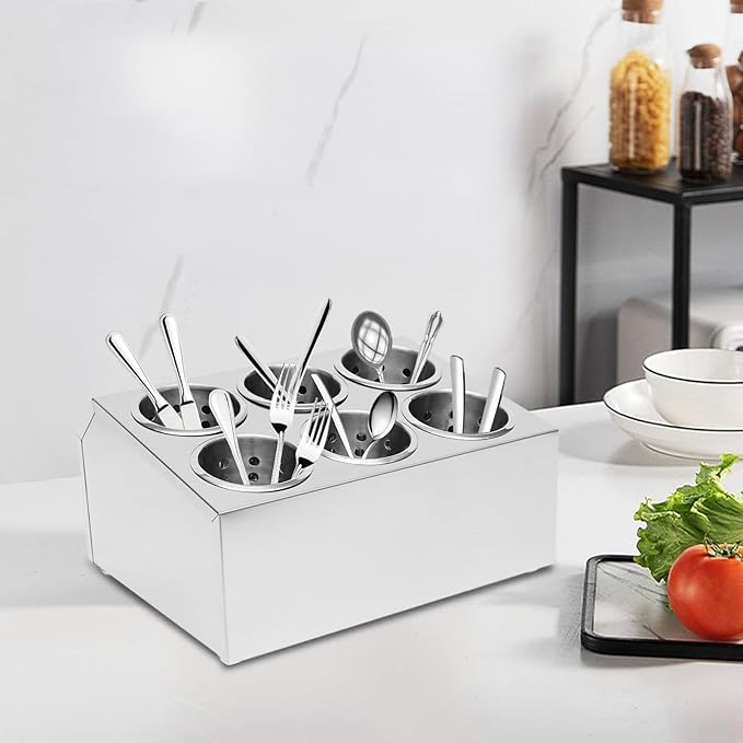 6-Compartment Restaurant Utensil Holder, Stainless Steel Cutlery Organizer, Countertop Silverware Holder for Kitchen, Bars, Coffee Shops, Restaurants, Hotels
