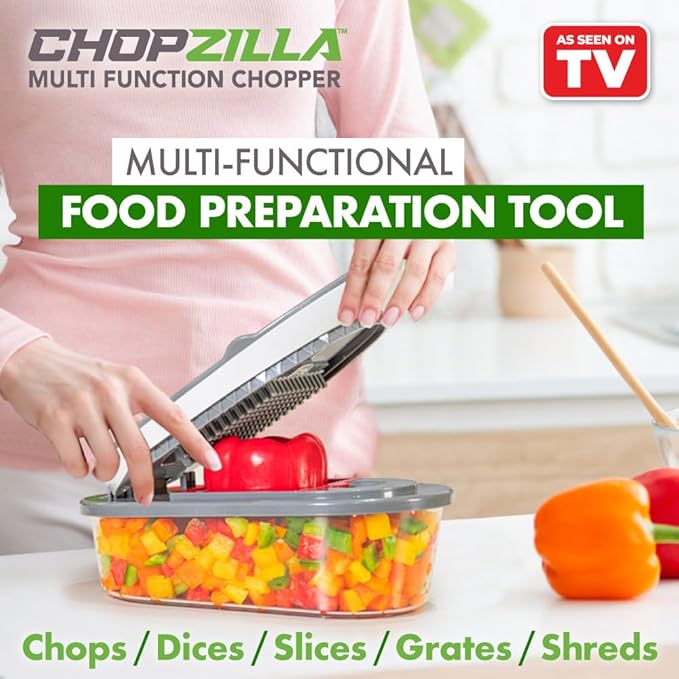 Vegetable Chopper and Mandoline Slicer with Container, CHOPZILLA 4 Stainless Steel Blades, BPA-Free Onion Dicer, Veggie Chopper, French Fry Cutter, Fruit Salad Potato Food Slicer and Dicer, Pink