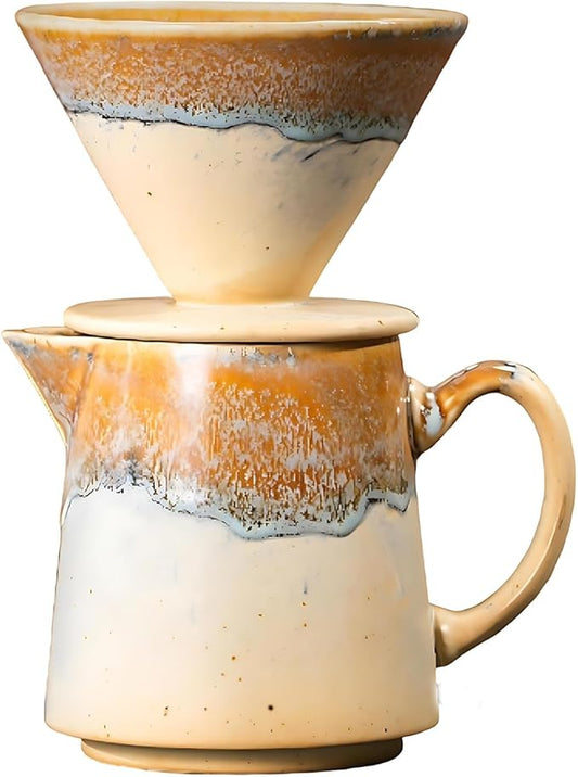 Ceramic Pour Over Coffee Dripper Vintage, Pour Over Coffee Maker Set, Filter Cup, Coffee Brewer Cone Filter, V60 Dripper & Decanter set, for Home Café Restaurant, 1-2 Cup (Gradient Yellow)