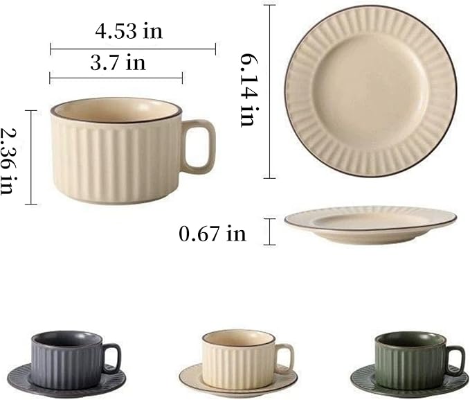 LOWYEPAULHO Cappuccino Cups with Saucers, 8 oz CeramicVertical Stripe Coffee Cup and Saucer set for Au Lait, Double shot, Latte, Cafe Mocha, Set of 4