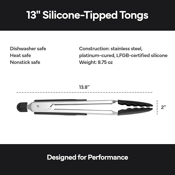 Misen Kitchen Tongs - Dishwasher Safe, Heavy Duty - Precision Silicone-Tipped Grilling Tool - Heat Resistant, Nonstick Safe - Perfect for Serving and Air Frying- 13 Inch | Black