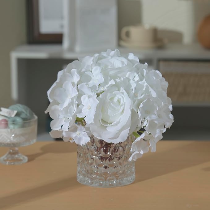 Rose Silk Flower Arrangement Artificial Vivid Rose in Glass Vase with LED Light Elegant Centerpiece for Home Wedding Bathroom Table Shelf Decoration (Pure White)