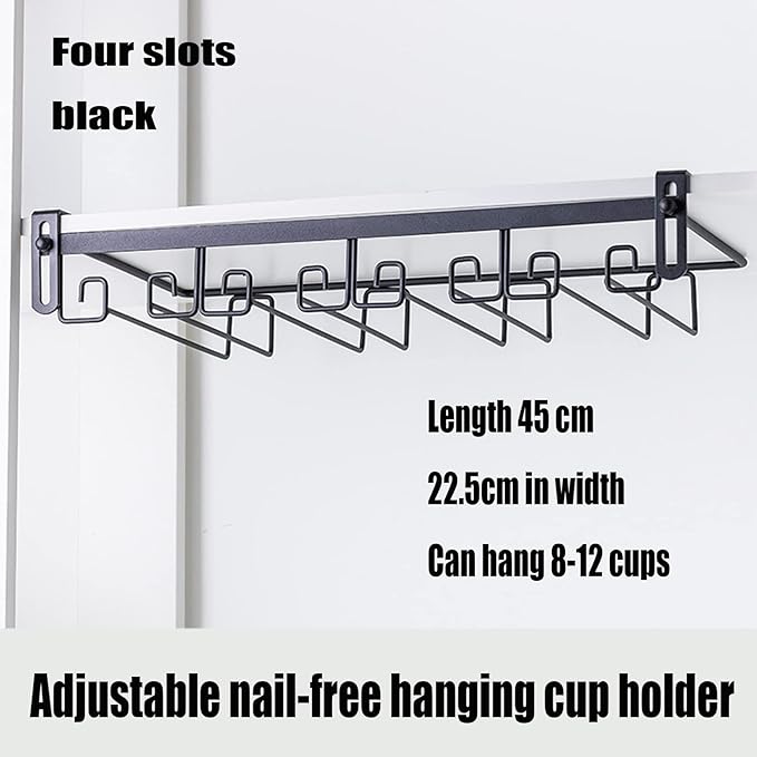 Hanging Wine Glass Rack Black Adjustable, Solid Iron Wine Glasses Hanger, Metal Under Cabinet Stemware Rack 3 Rows, 4 Rows, Convenient Storage And Space-saving