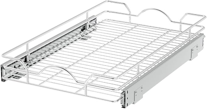 OCG Pull Out Cabinet Organizer 2 Pack (12" W x 21" D), Pull out Shelves 1 Tier, Cabinet Slide Out Shelves for Base Cabinet Organization in Kitchen Bathroom Pantry, Bottom Mount, Chrome Finish