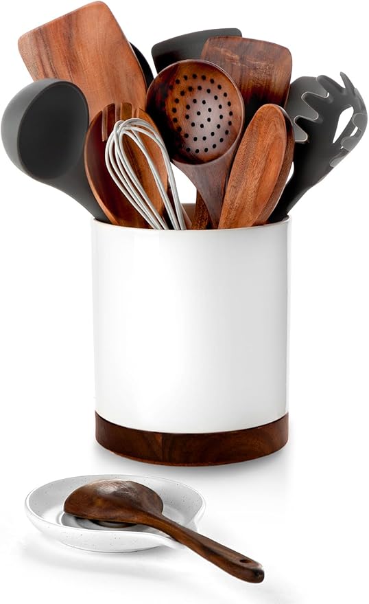 Nucookery Utensil Holder with Spoon Rest, 360° Rotating Ceramic Utensil Holder, 7.2" Kitchen Utensil Crock with Spoon Holder, Kitchen Countertop Organizer, Spoon Rest for Spatulas, Cooking Utensils