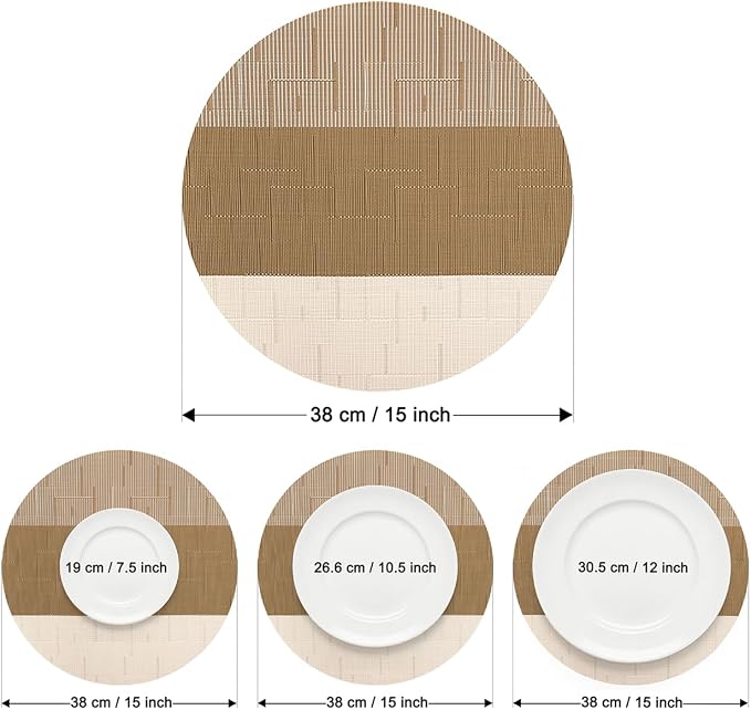 Round Placemats Set of 4, 15 Inch Woven Vinyl Heat Resistant Place Mats, Washable Non Slip PVC Table Mats for Kitchen Dining Party Outdoor Table Decor (Beige Light Brown, 4)