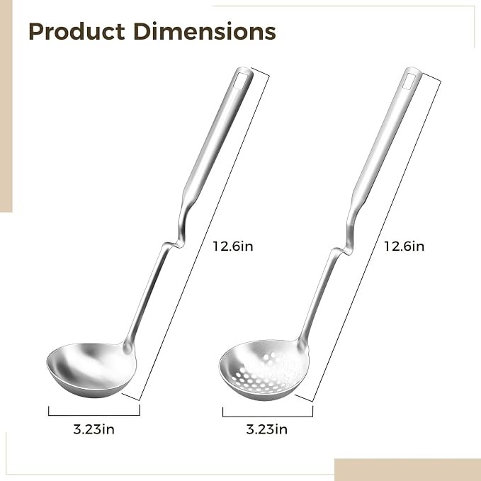 4 Pcs Stainless Steel Ladle Spoon Set for Cooking, Includes 2 Soup Spoons and 2 Slotted Spoons, Hot Pot Strainer Spoons, Long Handle, Rust-Resistant, Easy to Clean, Ideal for Serving Soups and Liquids