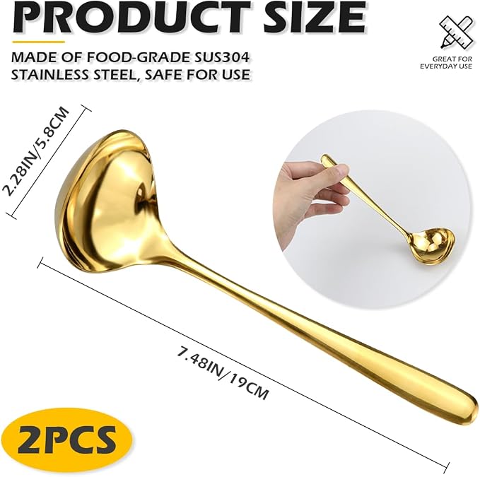 DOERDO 2Pack Stainless Steel Soup Spoons Small Ladle for Sauce Kitchen Table Serving Spoons, Gold, 7.5x2.3 Inch