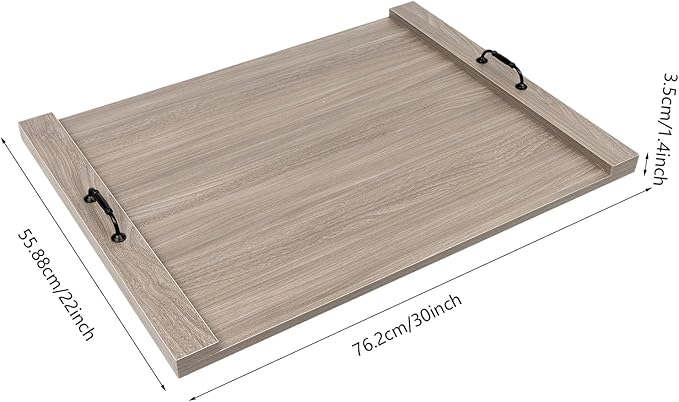 Rustic Wooden Serving Tray with Metal Handles, 30x22in Large Smoked Oak Decorative Ottoman Tray for Kitchen Countertop, Coffee Table, Breakfast, Dining Home Organization