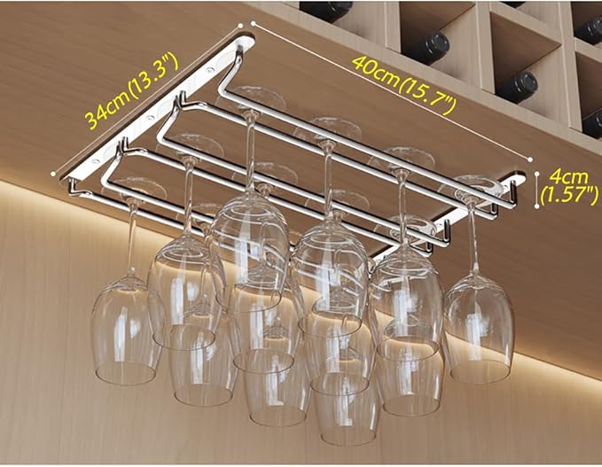 CAKERS Under Cabinet Hanging Stemware Display Rack|304 Stainless Steel Wine Glass Holder|Wine Glass Storage Organizer Hanger,3 Rows,40cm(15.7in)