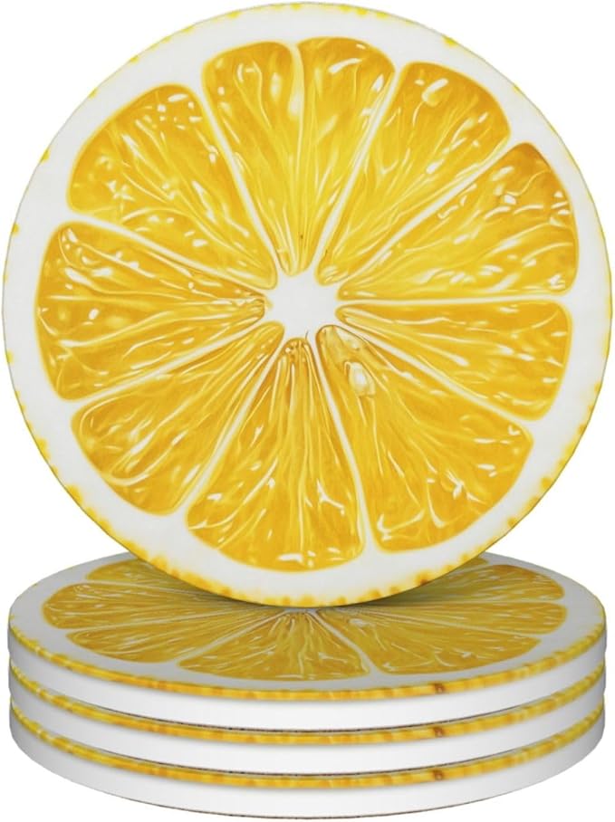 Lemon Yellow Coasters Set of 4 Absorbent Ceramic Coasters for Drinks Modern Cup Coaster with Cork Backing Cute Stone Coaster Housewarming Gifts 4.1 Inches