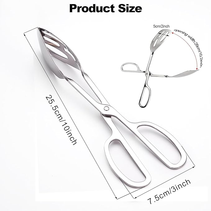 Food Tongs, Stainless Steel Salad Tongs with Scissor Handles, 10inch Serving Tongs for Buffet Party Catering, Cooking, Barbecue, Pastry, Sandwich, Ice, Food Bread Dessert (Silver)
