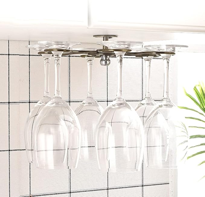 360° Rotation Hanging Wine Glass Rack,Under Cabinet Stemware Rack,Metal Glass Hanger Drying Rack With 6 Hooks for Home and Bar Storage