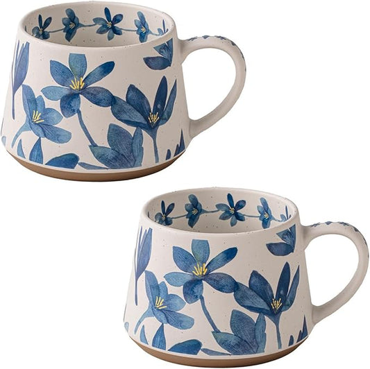 Elegant Floral Ceramic Mug ，Blue Flower Design mug with Handle, Unique Watercolor Flower Design Tea Mug for Home & Office，Microwave safety (Blue 2 Set)