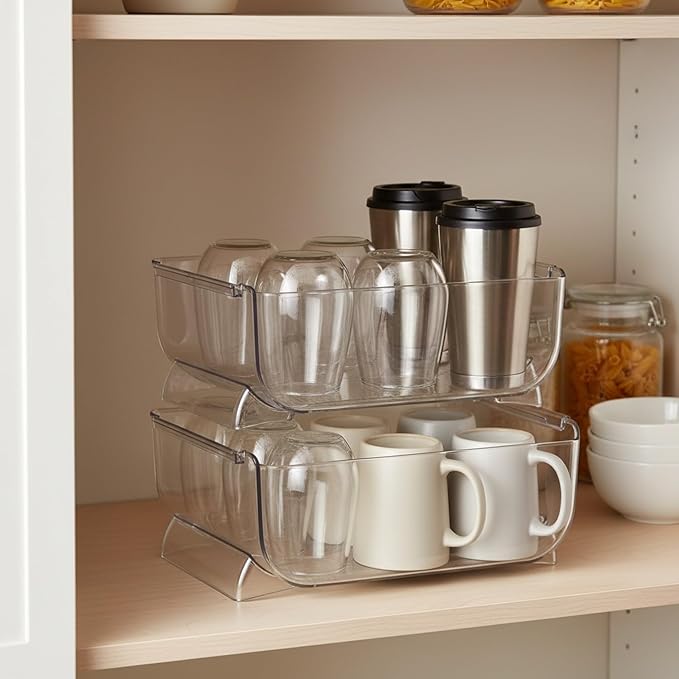 Stackable Cup Organizer Bin, Clear PP Plastic Vertical Storage Container for Kitchen Cabinet and Pantry (1 PC)