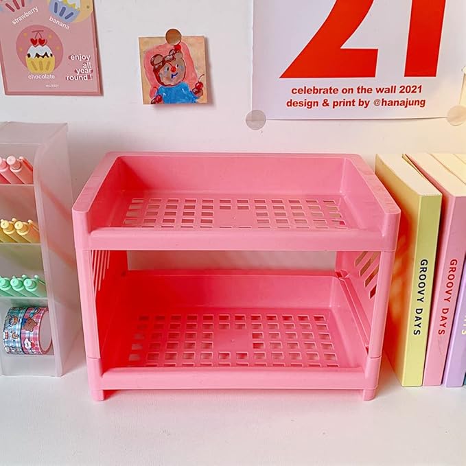 2 Tier Plastic Countertop Shelf Organizer Storage Rack, Multifunction Pantry Storage Organizer Kitchen Spice Rack Bathroom Shelf Organizer Tabletop Shelf Organizer (Pink)